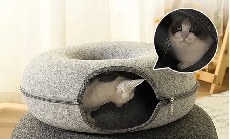 Donut Cat Bed for 2 Cats – Interactive Tunnel & Nest House