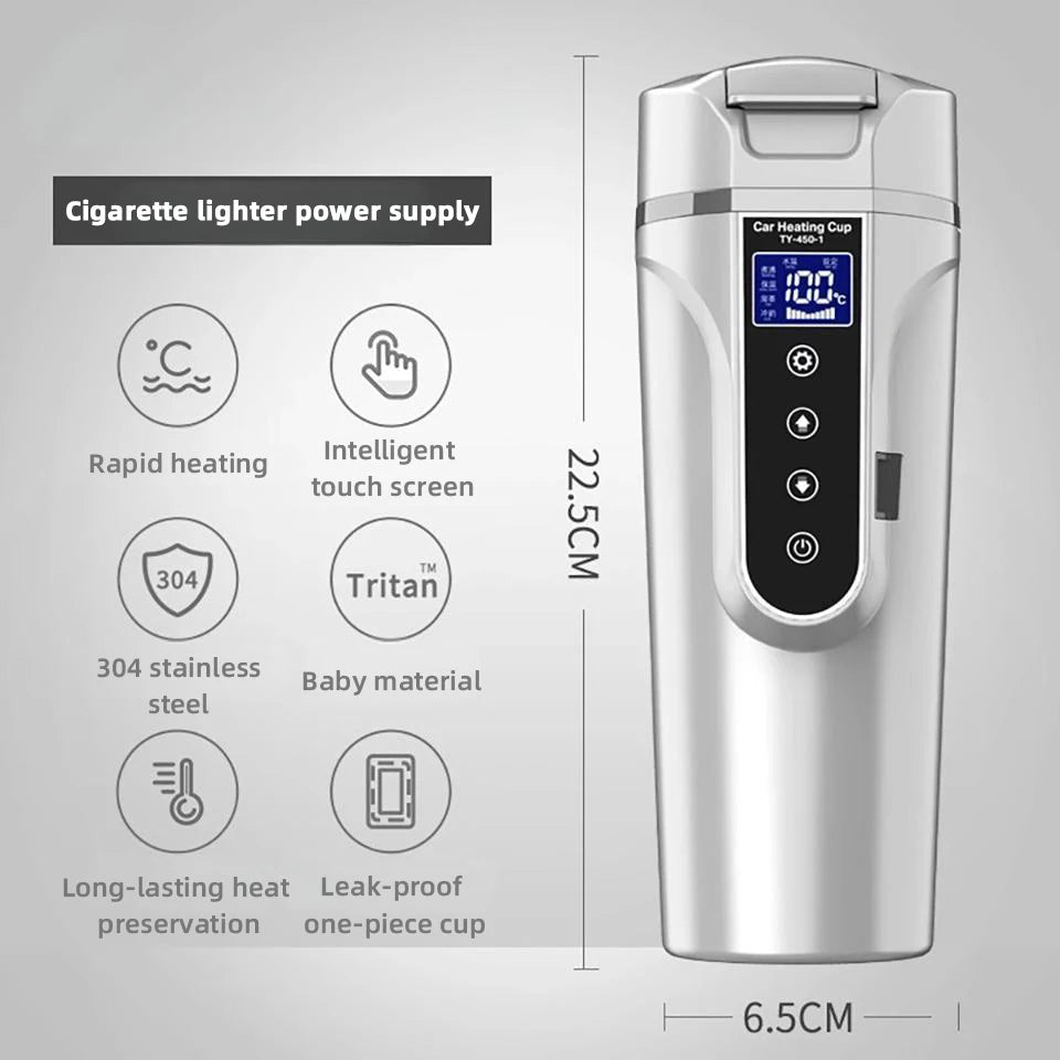 Car Heating Cup Smart Touch LCD Display Stainless Steel Electric Kettle Portable 12V/24V Thermos Bottle