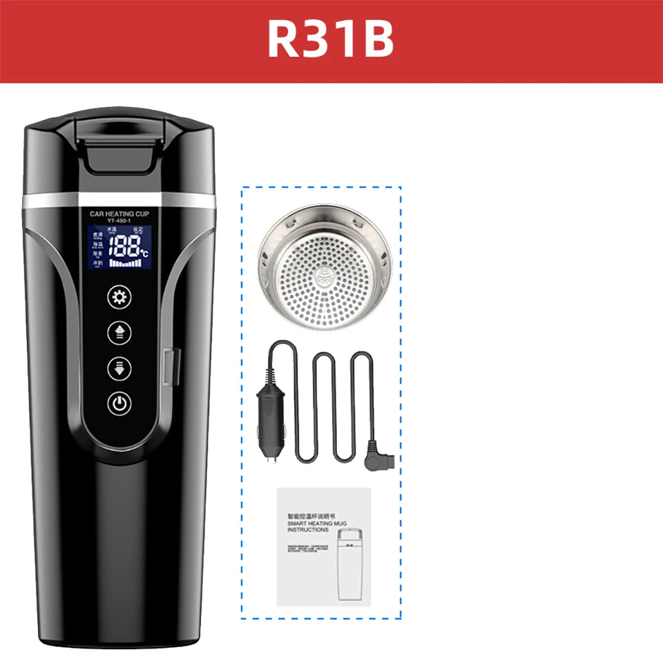Car Heating Cup Smart Touch LCD Display Stainless Steel Electric Kettle Portable 12V/24V Thermos Bottle